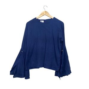 Everleigh Navy Blue Tiered Bell Sleeve Blouse Gold Ring Detail Round Neck Top